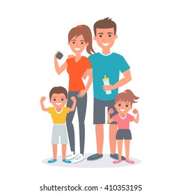 
Happy fitness family. Family in gym together. Vector illustration.