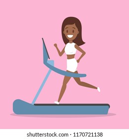 Happy fitness woman running on a treadmill in the gym. Leg workout and cardio. Active and healthy lifestyle. Isolated flat vector illustration