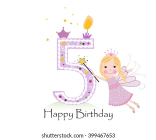Happy five birthday candle. Baby girl greeting card with fairy tale vector background