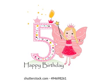 Happy five birthday candle. Baby girl greeting card with fairy tale vector background