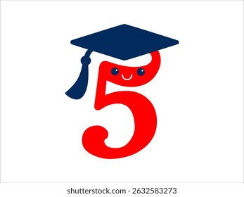 Happy five grades in a Educational cap with a tassel. Student in the style of kawaii. 
