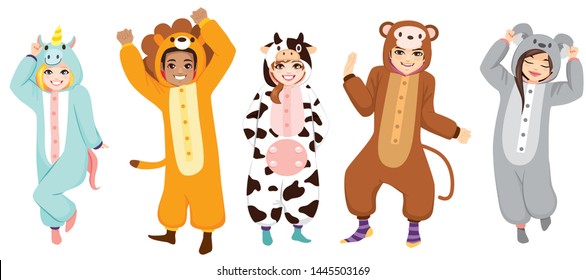 Happy five people wearing animal onesie costume on Halloween pajama party celebration