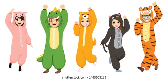 Happy five people wearing funny animal onesie costume celebrating Halloween pajama party