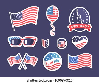 Happy flag day american symbolism colorful banner, vector illustration with heart balloon glasses, labels and cup in USA ornaments with white frame