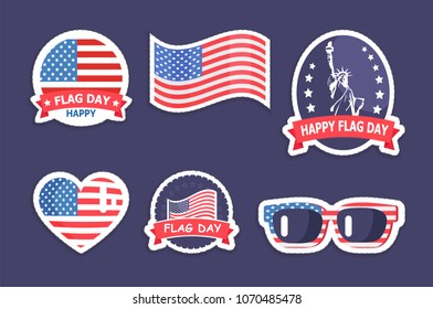 Happy flag day, collection with items and stickers, USA flag and USA symbols, statue of liberty, vector illustration, isolated on blue background
