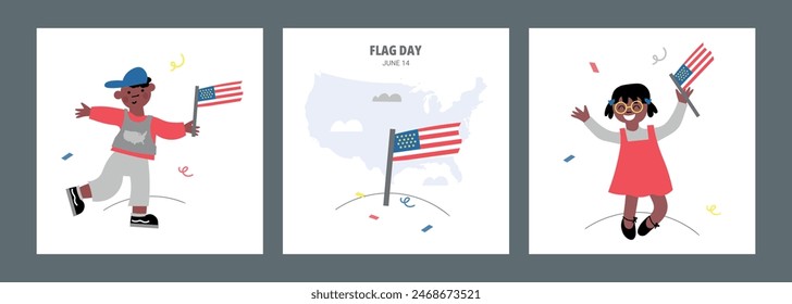 Happy Flag Day design concept. Vector illustration of national american holiday with US flag. Used for festive poster, card etc. set cards for 14th of June USA flag day. American symbol