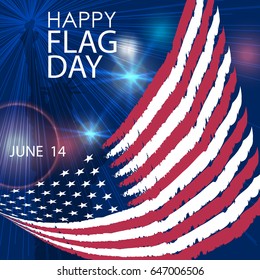 Happy Flag Day greeting card. Vector. American Flag and star, rays, flashes on blue. June 14.
