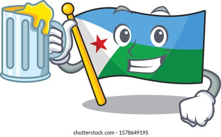 Happy flag djibouti holding a glass with juice