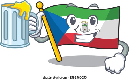 Happy flag equatorial guinea Scroll mascot design with a big glass