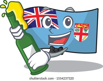 happy flag fiji cartoon with bring beer character