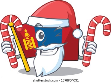 Happy flag mongolia Scroll Cartoon character in Santa with candy