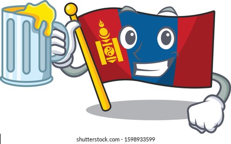 Happy flag mongolia Scroll mascot design with a big glass