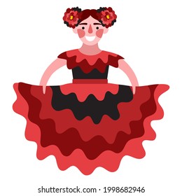 Happy flamenco dancer girl in traditional dress vector illustration. A stylized modern person dancing flamenco with flowers in hair and red bata de cola dress isolated on white