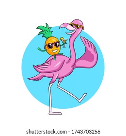 Happy Flamingo bird chill dance with pineapple fruit character vector illustration for summer vibes concept design