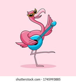 Happy flamingo bird dancing and playing small guitar for summer vibe vector illustration