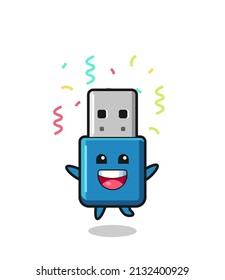 happy flash drive usb mascot jumping for congratulation with colour confetti , cute style design for t shirt, sticker, logo element