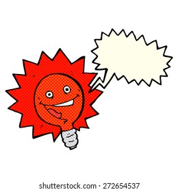 caricatura de la bombilla roja que parpadea alegremente con burbuja de habla