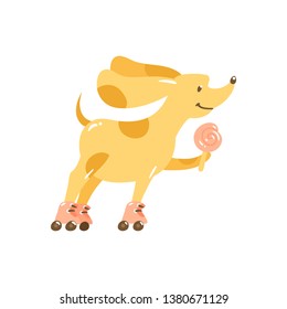 Happy flat cartoon yellow dog walking by retro roller skates. Cute vector sketch character puppy with lollipop rollerblading outdoor. Summer card with illustration of pet isolated on white background.