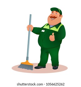 Happy flat cleaner in uniform from janitorial service or office cleaning. Funny cartoon janitor with mop and ok gesture. Smiling fat character in green suit with broom. Colorful vector illustration.