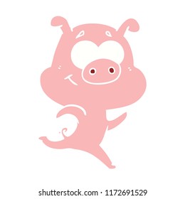 happy flat color style cartoon pig running