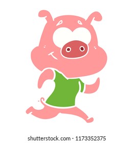 happy flat color style cartoon pig running