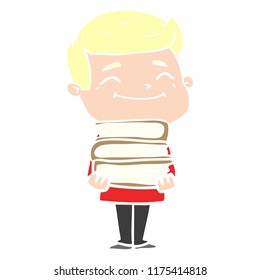 happy flat color style cartoon man with stack of books