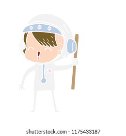 happy flat color style cartoon space girl holding flag