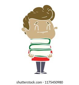 happy flat color style cartoon man with stack of new books