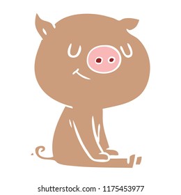 happy flat color style cartoon pig sitting