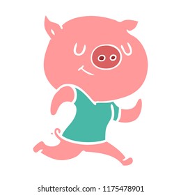 happy flat color style cartoon pig running