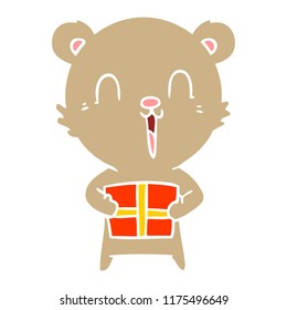 happy flat color style cartoon bear with christmas gift