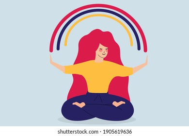 Happy flat design woman sits in yoga position and open her arms to the colorful rainbow. Girl with positive vibes enjoys her freedom and joy of life. Female character body of a positive minded girl