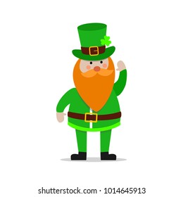 Happy flat desing leprechaun for St. Patrick's day vector illustration. Hat, beard, clover leaf