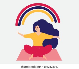 Happy flat female sits in yoga crossed-legged position and open her arms to the colorful rainbow. woman with positive vibes enjoys her freedom and happiness of life. A positive minded girl. Vector.