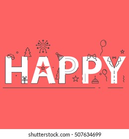 Happy flat line design concept for greeting card and banner. - Vector