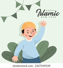 Happy flat moslem boy character exchanging greetings and well wishes for the Islamic New Year