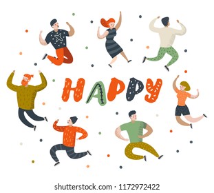 Happy Flat People Characters. Jumping, Dancing Cartoons in Various Poses. Happiness, Freedom, Joy Concept. Vector illustration