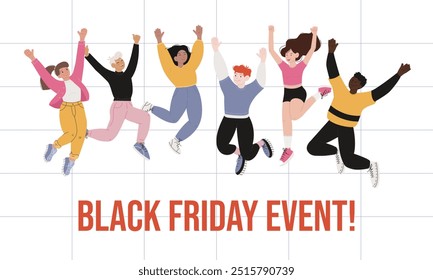 Happy flat people Jumping for Black Friday Event banner