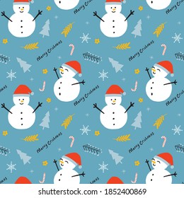 Happy flat snowman Christmas seamless pattern
