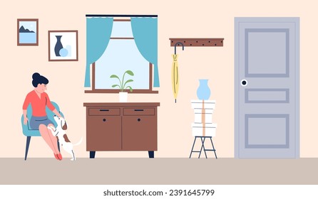 Happy flat woman sitting in welcome zone at home and petting dog. Girl come back from work, interior with chair, door and window, vector scene