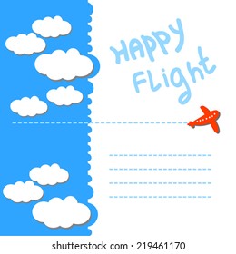 Happy flight concept illustration. Cute card with retro airplane, contrail, blue sky, cute clouds. Vertical Sky Travel page design. As postcard, frame for your text, for flight tickets design.