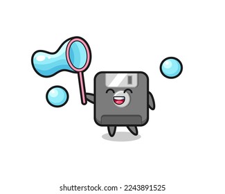 happy floppy disk cartoon playing soap bubble , cute style design for t shirt, sticker, logo element