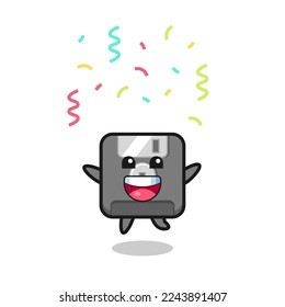 happy floppy disk mascot jumping for congratulation with colour confetti , cute style design for t shirt, sticker, logo element