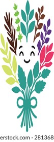 Happy floral bouquet herb bundle mascot with character illustration colorful botanical expression positive personified vegetation cheerful