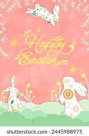 Frohe Blumen-Ostern-Banner, Poster, Karte. Vektorillustrationen von Hasen, Happy Joy Kaninchen, verziert mit niedlichen Blumen
