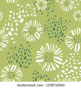 Happy floral print with daisies and texture. Seamless vector pattern in greens, white. Cards, gift wrapping paper, textiles, graphic design uses. Works with Christmas collections from same artist.