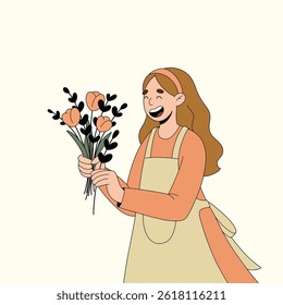 Happy florist with tulip bouquet — flat vector doodle illustration