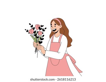 Happy florist with tulip bouquet — flat vector doodle illustration