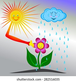 A happy flower being watered by the rain watched by sun and cloud
