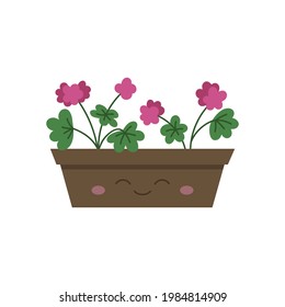 Casilla de flores feliz con ilustración vector de geranio. Flor rosa pelargonium en maceta floreada, maceta de planta. Cute la ventana con la cara. Aislado.